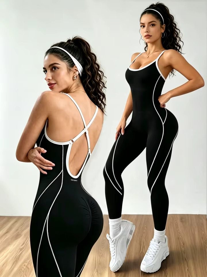 Women’s Open-Back Contrast Piping Yoga Jumpsuit