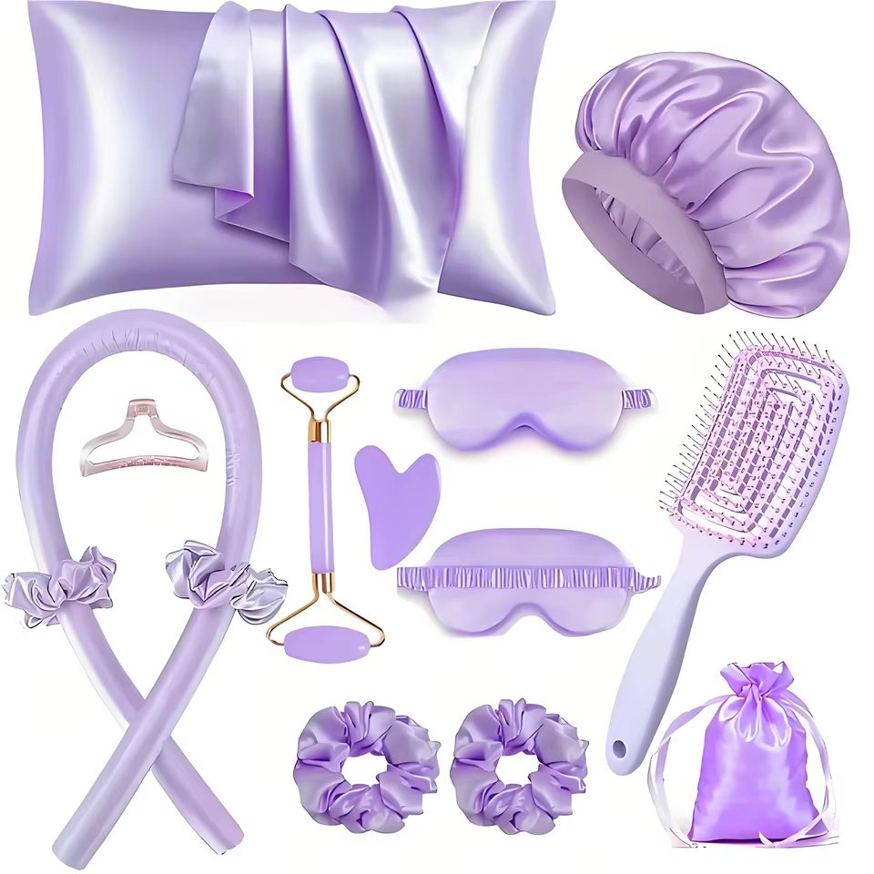 13-Piece Satin Bonnet, Eye Mask and Heatless Curling Set