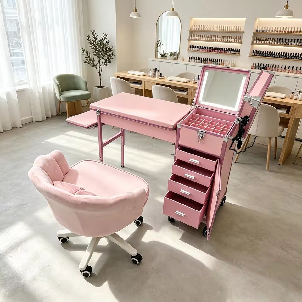 Pink Rolling Manicure Table with LED Mirror and Chair
